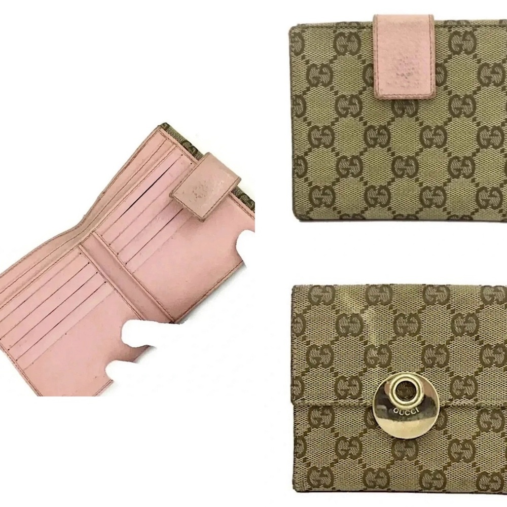 Rare vintage GUCCI GG Logo large pink Canvas Leather Bifold Wallet - Picture 2 of 7